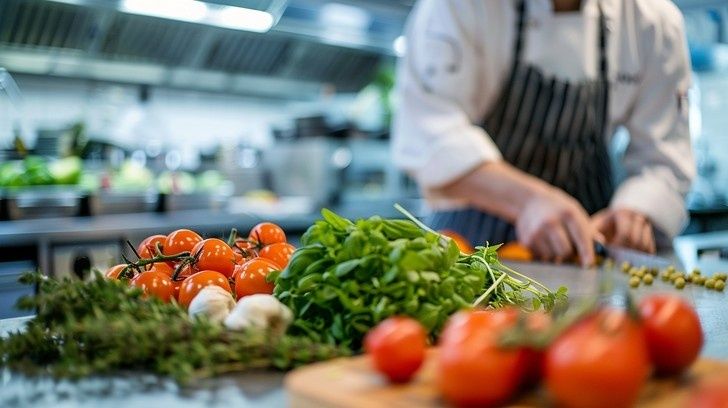 Koch verarbeitet frisches Gemüse in einer professionellen Restaurantküche